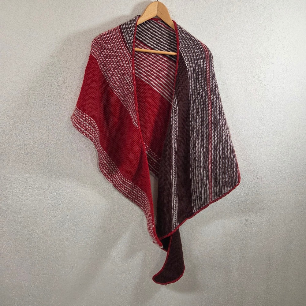 Handmade Wool Knit Shawl Red Brown Striped Colorblock Asymmetrical Wrap Scarf